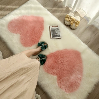 Imitation Wool Bedside Carpet Pink Heart-Shaped Plush Floor Mat Wedding Room Daughter's Room Cute Bay Window Blanket Heart Sofa Cushion (Car Carpet) - middle-pink-heart-shape-60120cm