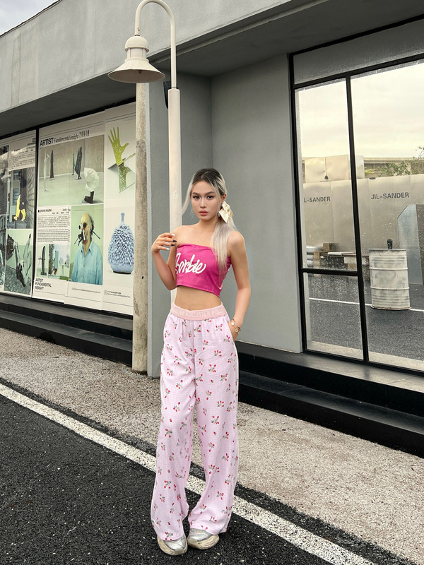 Hollister织带字母草莓碎花格子裤垂感阔腿格纹高腰宽松休闲长裤|undefined