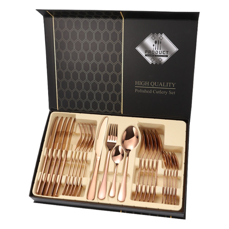 Juego de Cubiertos Estilo Occidental 1010, Cuchillo y Tenedor en Caja de Regalo, Cubiertos Planos de Plata, 24 Piezas, Regalo Empresarial