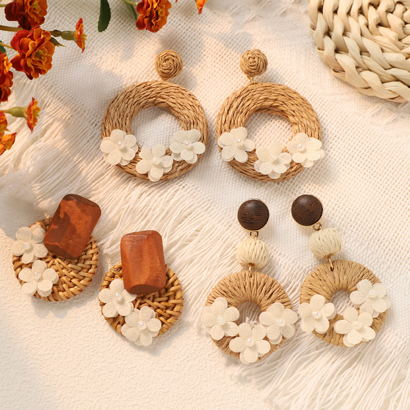 7g Weight Steel needle Ear Needle Material 1 Pair Retro Bohemian Flower Rattan Drop Earrings