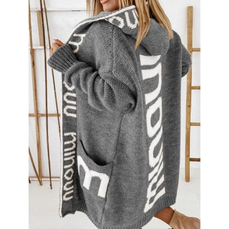White Sugar Rose Autumn and Winter New Mid-Length Cardigan Hooded Letter Knit Sweater Women's European and American Style Knit Coat