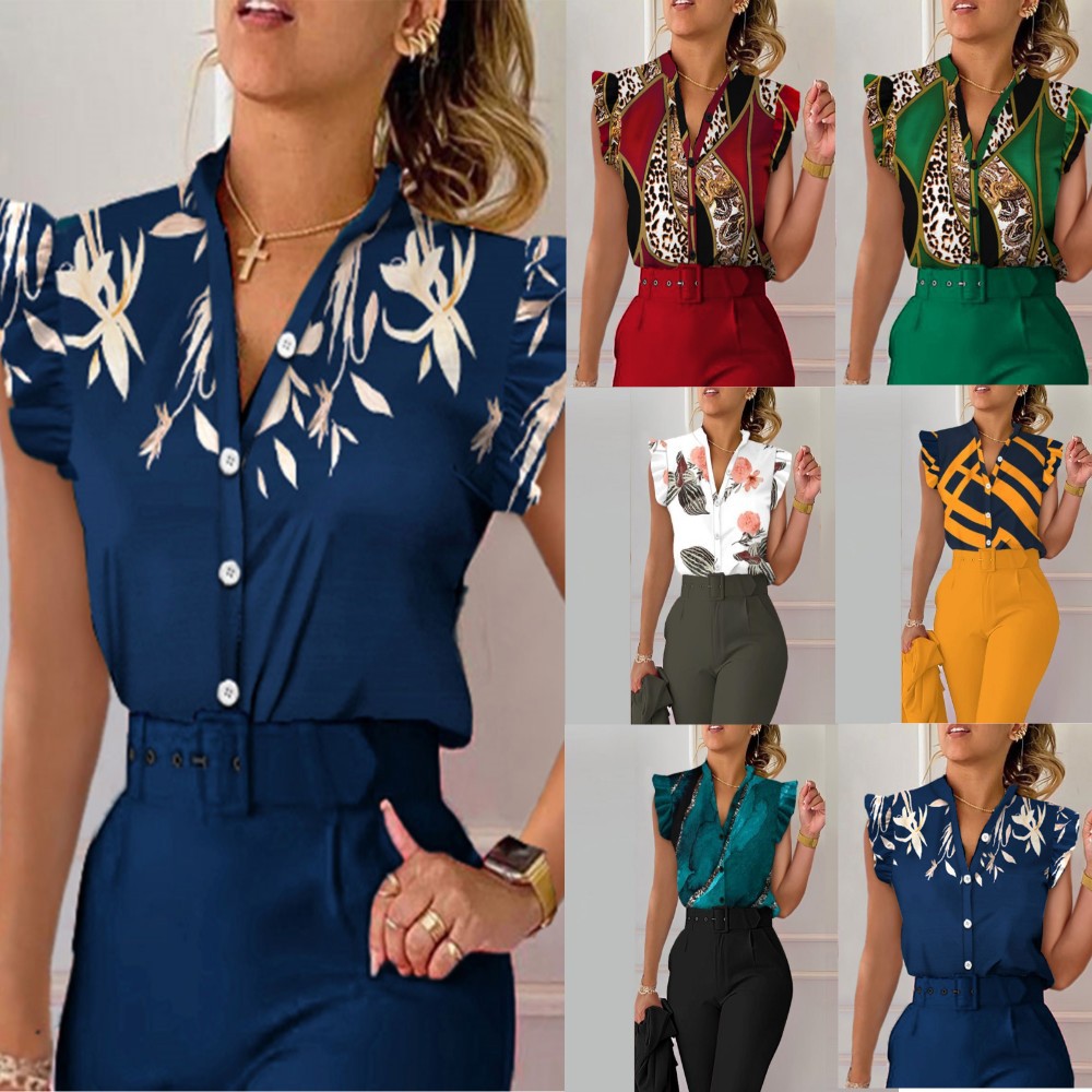 2023 estación independiente AliExpress Amazon popular verano con cuello en V botón pétalo manga camisa impresa para las mujeres