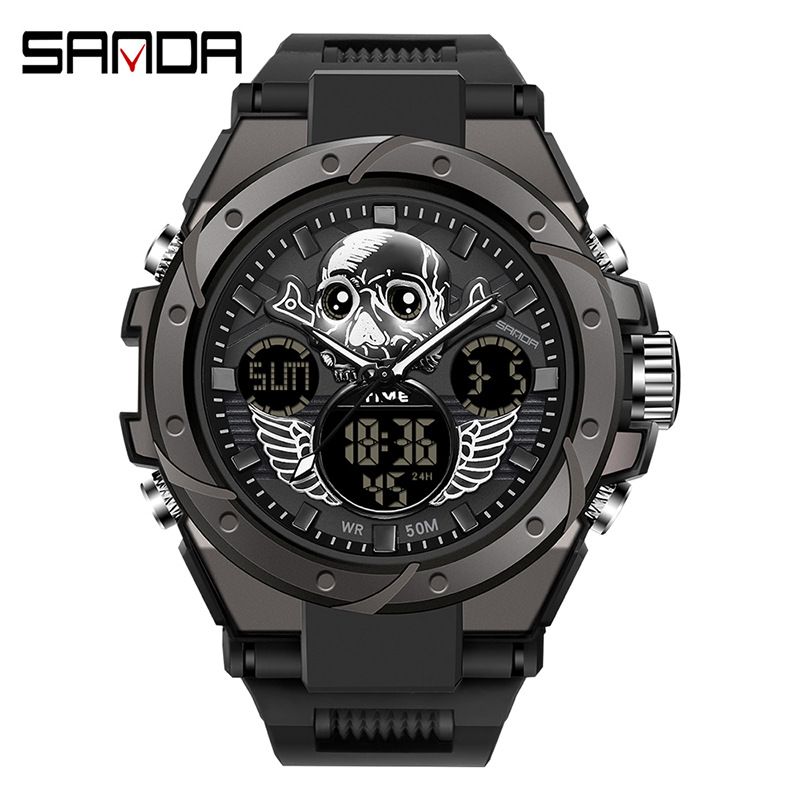Sanda 6087 reloj electrónico multifunción luminoso impermeable fresco cráneo alas hombres reloj de moda