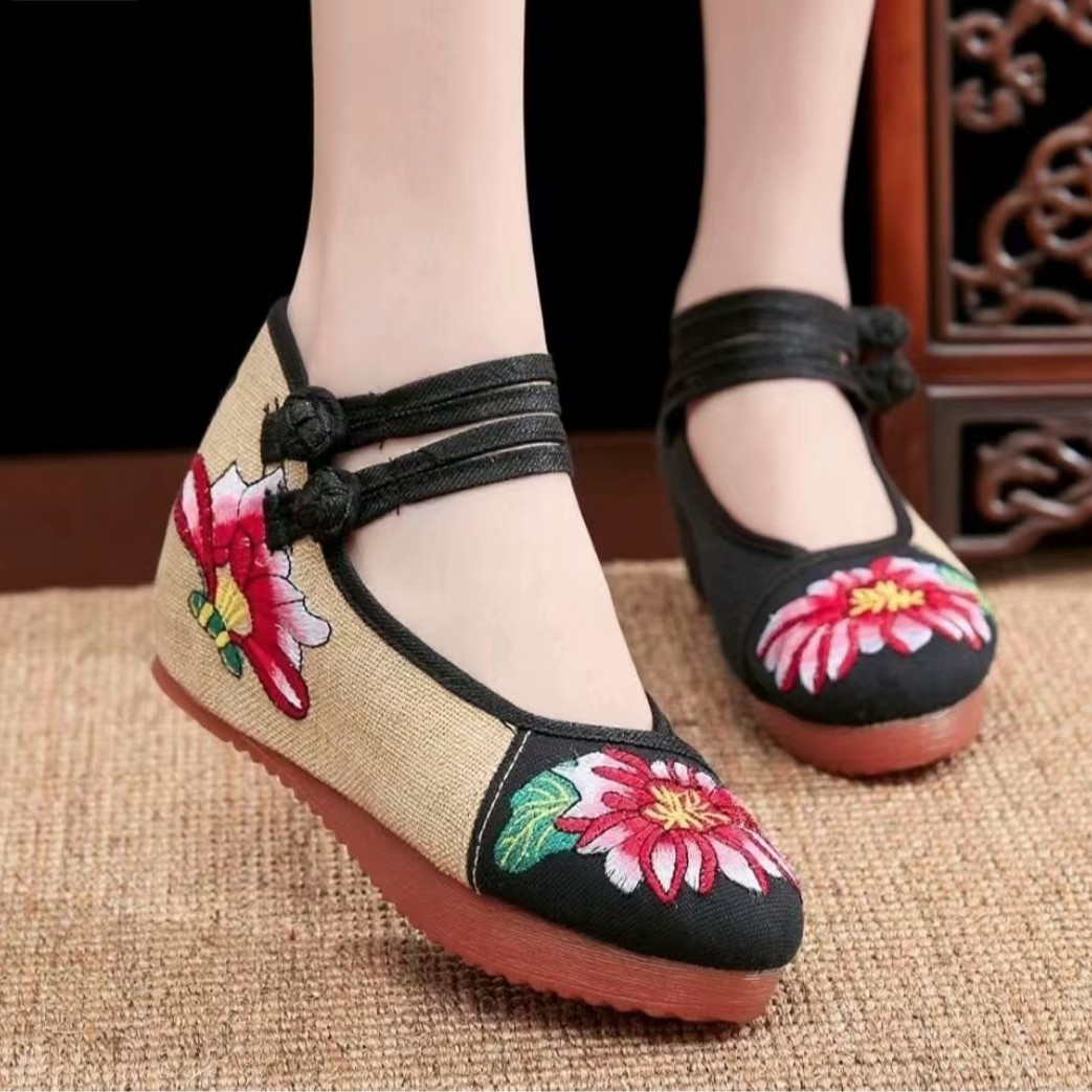 不含鞋盒 高跟鞋  单鞋 牛筋底绣花布鞋 内增高坡跟妈妈鞋女鞋