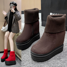 外贸坡跟冬季加绒松糕厚底显瘦时装靴2024大码欧美毛线口短靴女