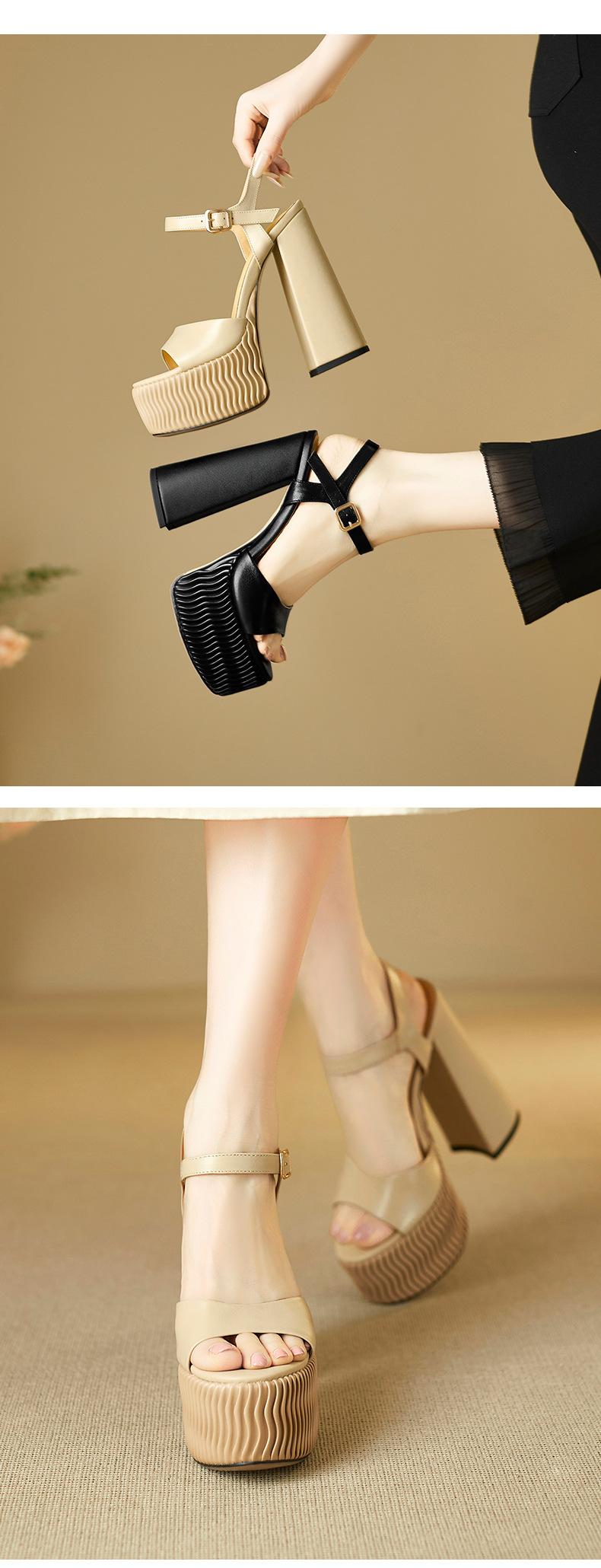 Sandal cao gót nữ quai ngang miệng cá đế xuồng 15 cm da thật — Màu đen chi tiết 4