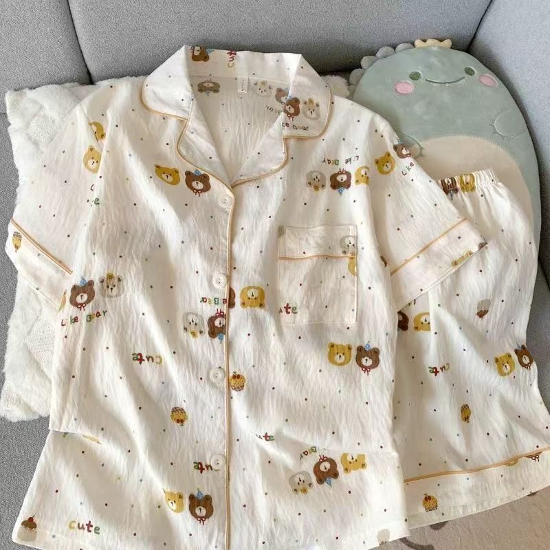Impresión de dibujos animados pareja pijama mujer verano nueva ropa de hogar suelta dormitorio de estudiantes pantalones cortos de mangas cortas dos piezas set