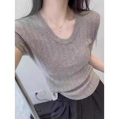 u领冰丝短袖针织衫女夏季薄款外穿弹力修身紧身麻花镂空透气上衣
