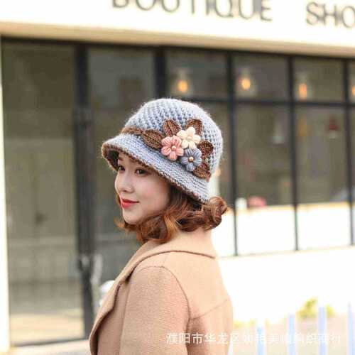 Knitted hat women's autumn and winter woolen hat classic winter women's hat flower plus velvet fisherman hat basin hat mother winter hat
