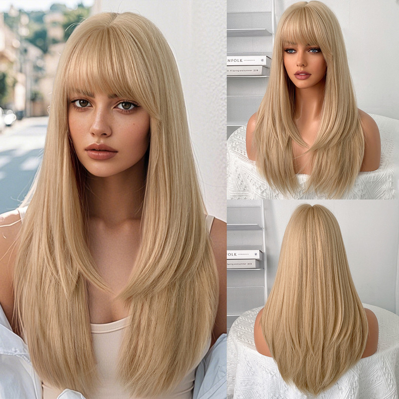 Cross-border rice golden long hair wig ladies straight hair level wig full hair type chemical fiber wig wholesale