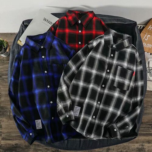 Fall Grid Shirt for Men and Women, Trendy Ins Loose Korean Style Long Sleeve Blouse, Hong Kong Style, Japanese Inspired, Outerwear Trend