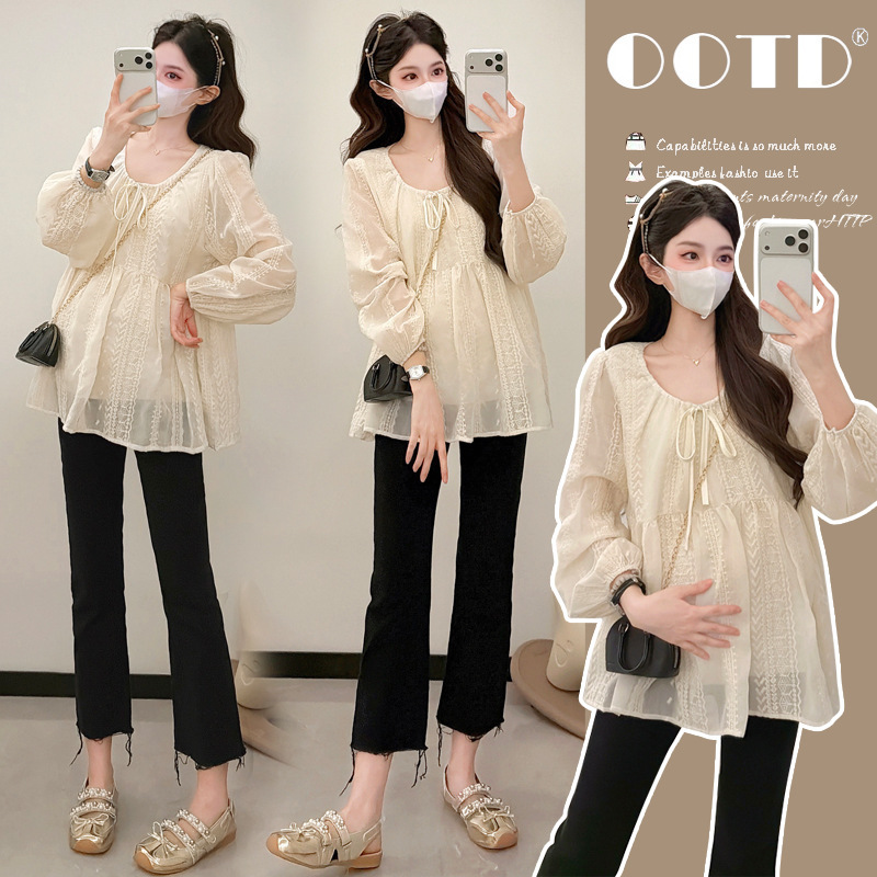 Maternity Wear Spring Design Embroidered Long-Sleeved Tops Loose Casual Versatile Babydoll Shirts Spring and Autumn Pregnancy Shirts