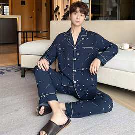 2026新款男士长袖棉绸睡衣春秋夏季家居服v领开衫睡衣两件套