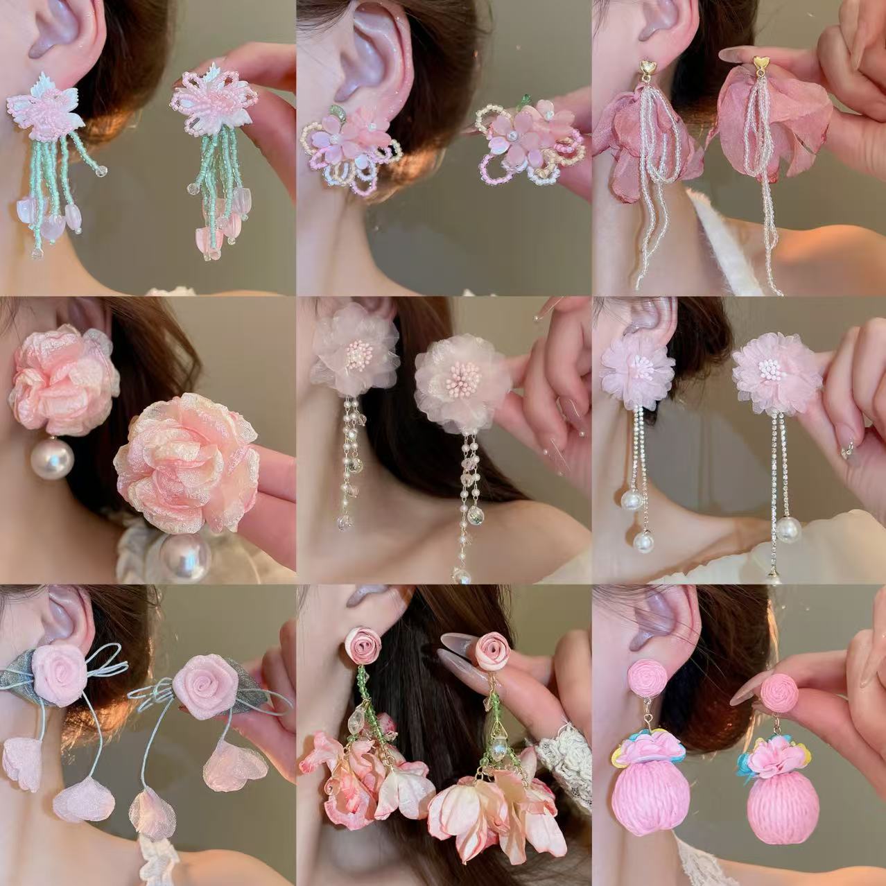 Pendientes de borla de hilo de malla de flor de aguja de plata Pendientes de estilo de vacaciones junto al mar frescos y dulces Pendientes de ambiente de moda y versátil