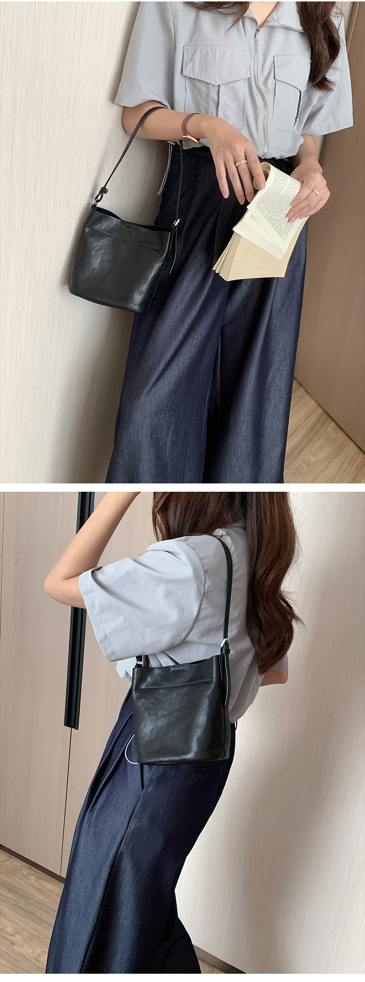 【 Genuine leather 】 Head layer cowhide bucket minimalist style single shoulder armpit women's crossbody small bag_voghion.com