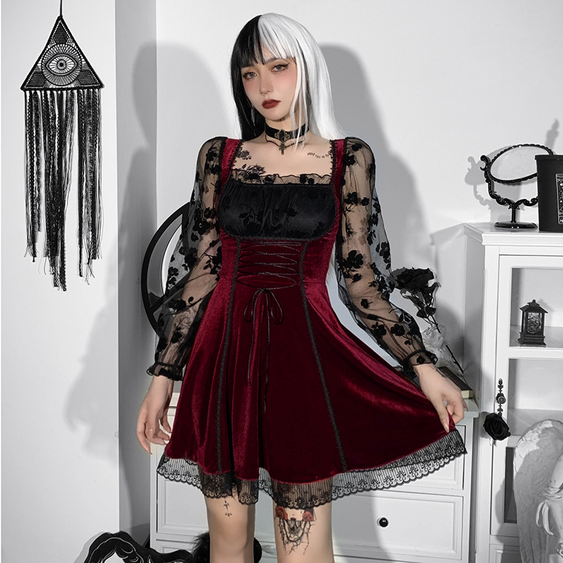 Vestido Manga Larga Estilo Gótico Terciopelo Contraste NSGYB99730