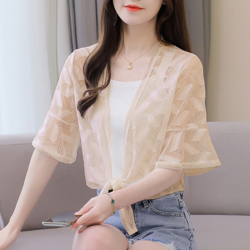 Summer sun protection clothing lace shawl jacket women's short cardigan with waistcoat chiffon mid-sleeve thin top for women