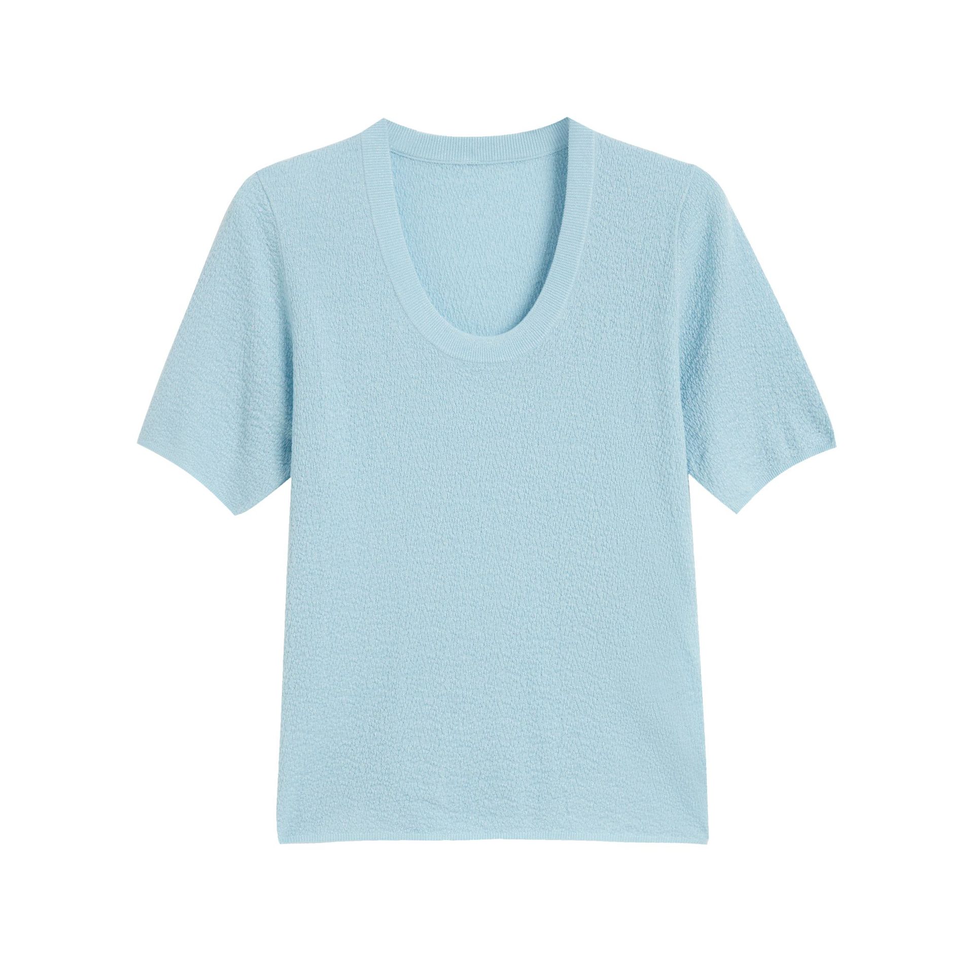 180-Count Ultra-Fine German Yangtze Yarn Textured Thin U-Neck Slim Short-Sleeved Knitwear Top for Women