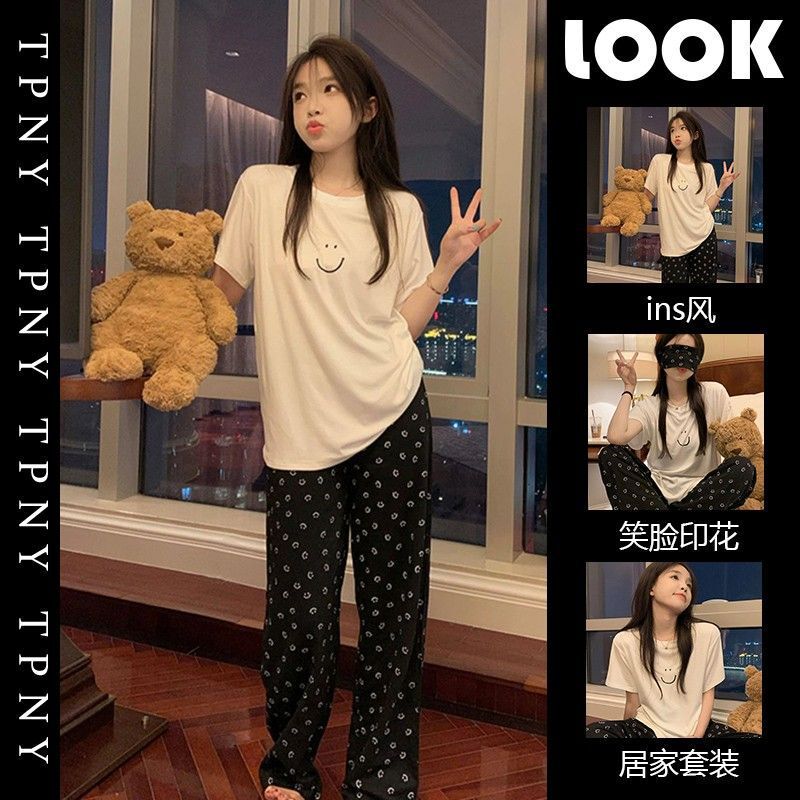 Ins Han Feng Cute Short-sleeved T-shirt Pajamas Women's Summer New Distinctive Smiley Printed Trousers Home Clothes Two-piece Set