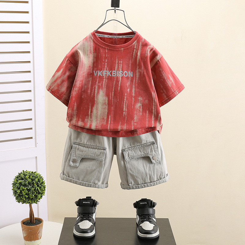 7418 Traje de manga corta para niños Camiseta de moda coreana de verano Niños geniales Ropa roja de Internet Ropa de verano Fried Street Traje de dos piezas 5