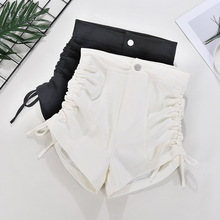 两侧系带休闲小黑裤2022高腰一粒扣短裤女抽绳辣妹裤3265高腰显瘦