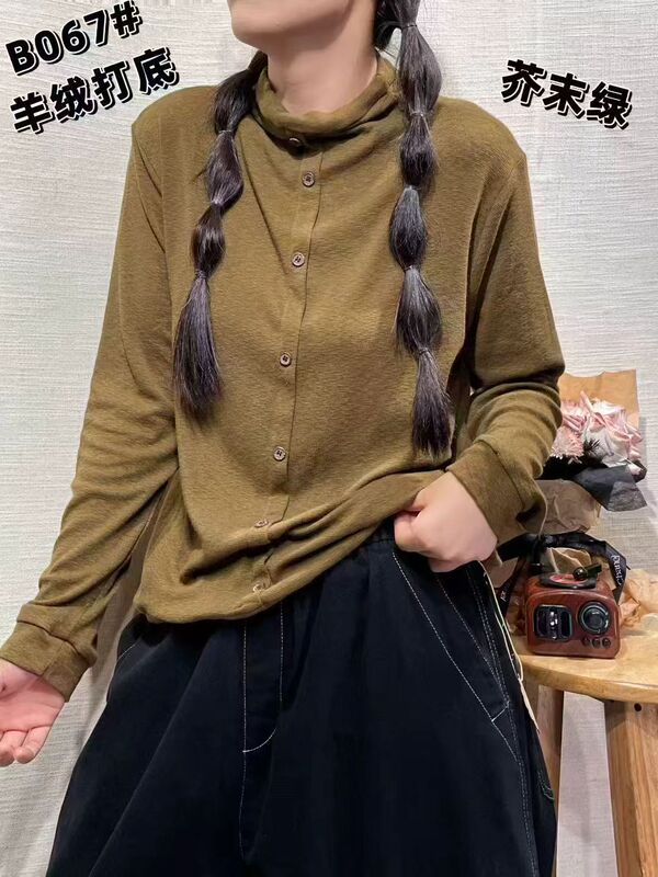 羊绒打底衫 2025冬季新款 小众纽扣半高领保暖上衣女内搭T恤潮067|undefined