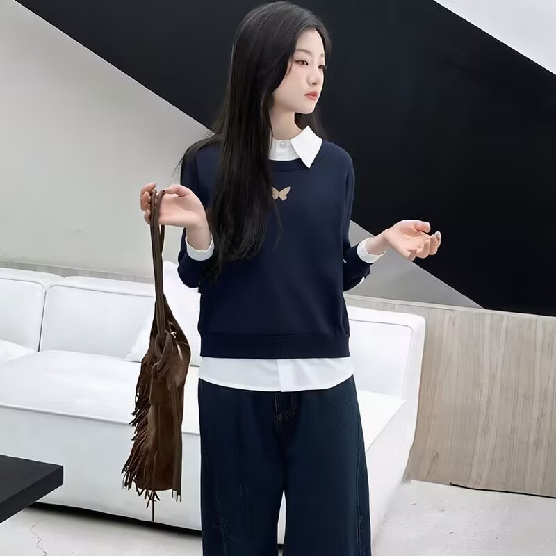 女孩洋气秋装假两件上衣中大童春秋新款拼色翻领休闲风长袖套头衫|undefined