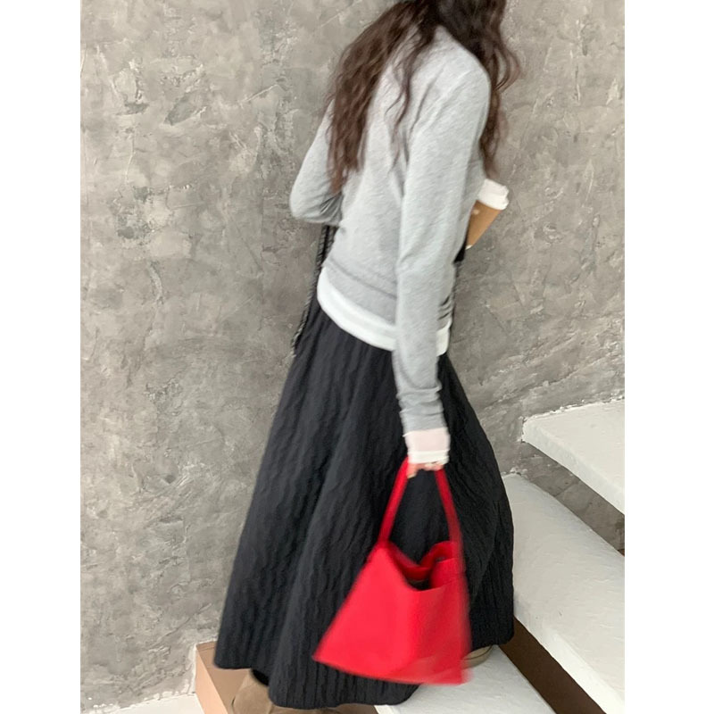 韩系简约肌理感立体花苞裙氛围显瘦高腰百搭绗线中长半身裙女秋冬|undefined