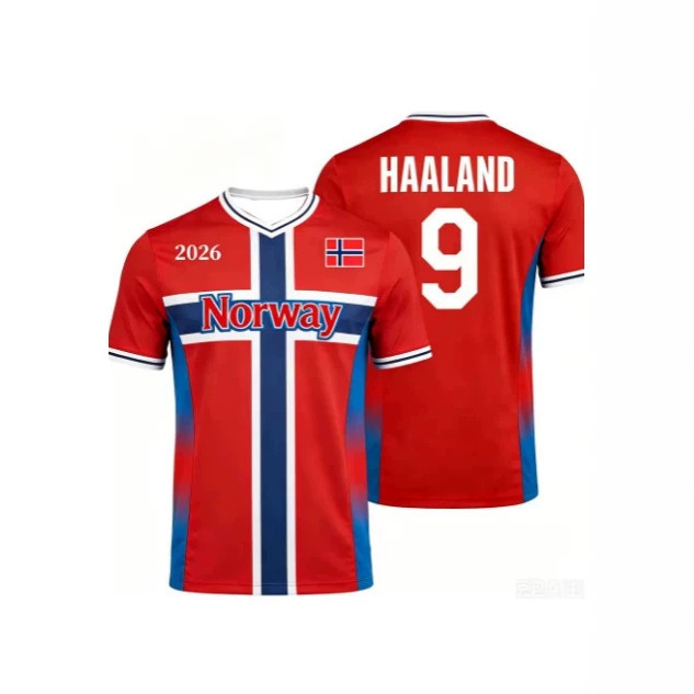 2026 Norway Football Zebrano Red Blue Flag Print Football V-Neck Shirt Breathable Quick-Dry Sports Top, T-Shirt
