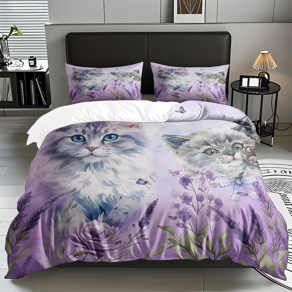 TEMU / JIT adorable gatito impresión digital suave set de colcha de edredón textil para el hogar se puede diseñar venta directa de fábrica