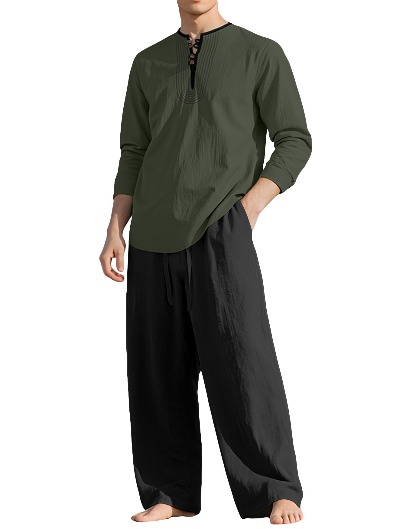 26 fábrica transfronteriza americana cuatro estaciones lino hombre relajado transpirable manga larga camisa de playa set en stock