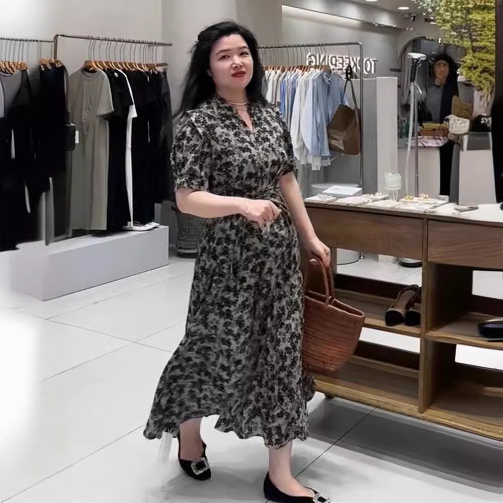 Đầm maxi hoa nhí phong cách Pháp chất liệu chiffon tay ngắn thắt eo — Hoa nhỏ