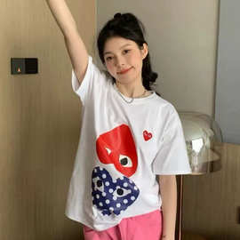 现货川久家红色波点爱心印花圆领短袖夏季新款简约风上衣女时尚