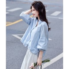 温柔甜美风轻休闲上衣25夏新蕾丝花边灯笼袖衬衫女