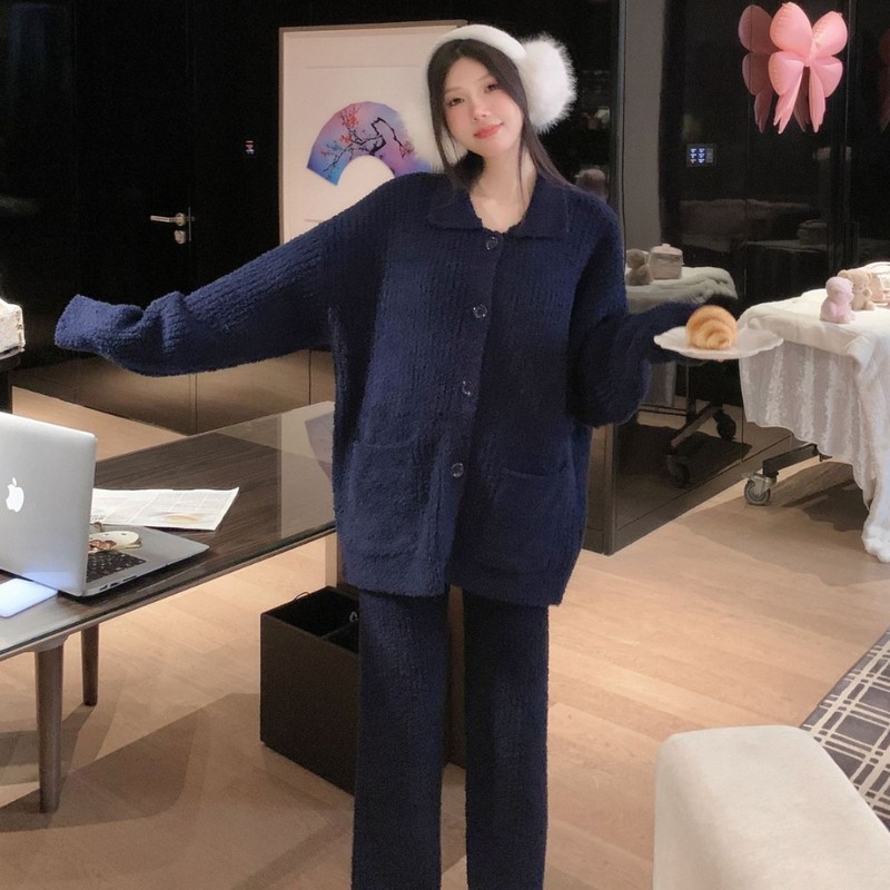 冬季半边绒家居服开衫月子服秋冬加绒保暖家居服简约新款睡衣女|undefined