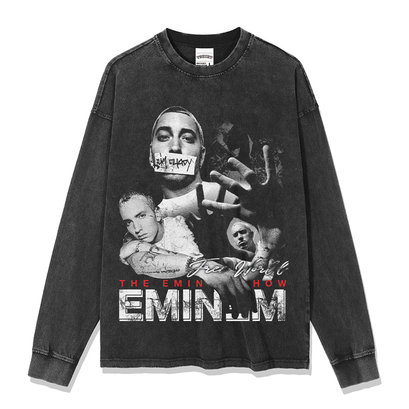 エミネムeminemプリントアメリカンヒップホップストリート長袖半袖レトロ水洗いオールドファッションtシャツ