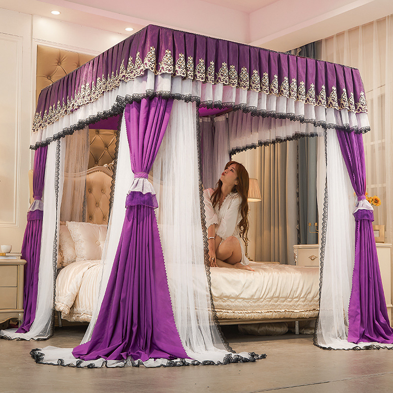 柏莎春夏季四柱導軌式落地雙層遮光簾蚊帳四開門方頂宮廷蚊帳廠家