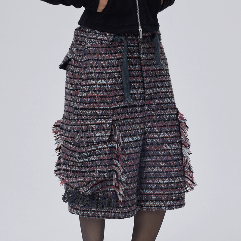 Fashionable Versatile Tweed Fringe Design Drawstring Casual Pants for Women, New Autumn and Winter Style, Elegant Straight-Leg Cropped Pants