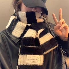 细长围巾配衣服条纹撞色简约针织围脖日系黑白围巾圣诞新年窄围巾