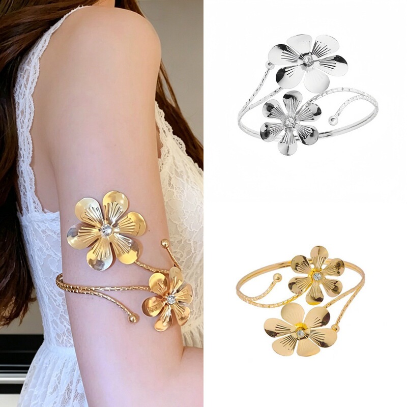 Unique Gold Flower Arm Bracelet Jewelry for Women, Sweet and Cool Style, Silver Arm Band Accessory, New Curtain Buckle Design