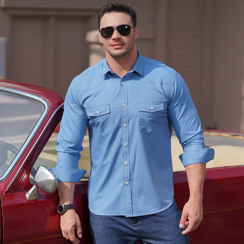 European American Cross-border Plus-size Men's Long-sleeve Denim Solid Color Casual Shirt, Loose Oversized,_voghion.com