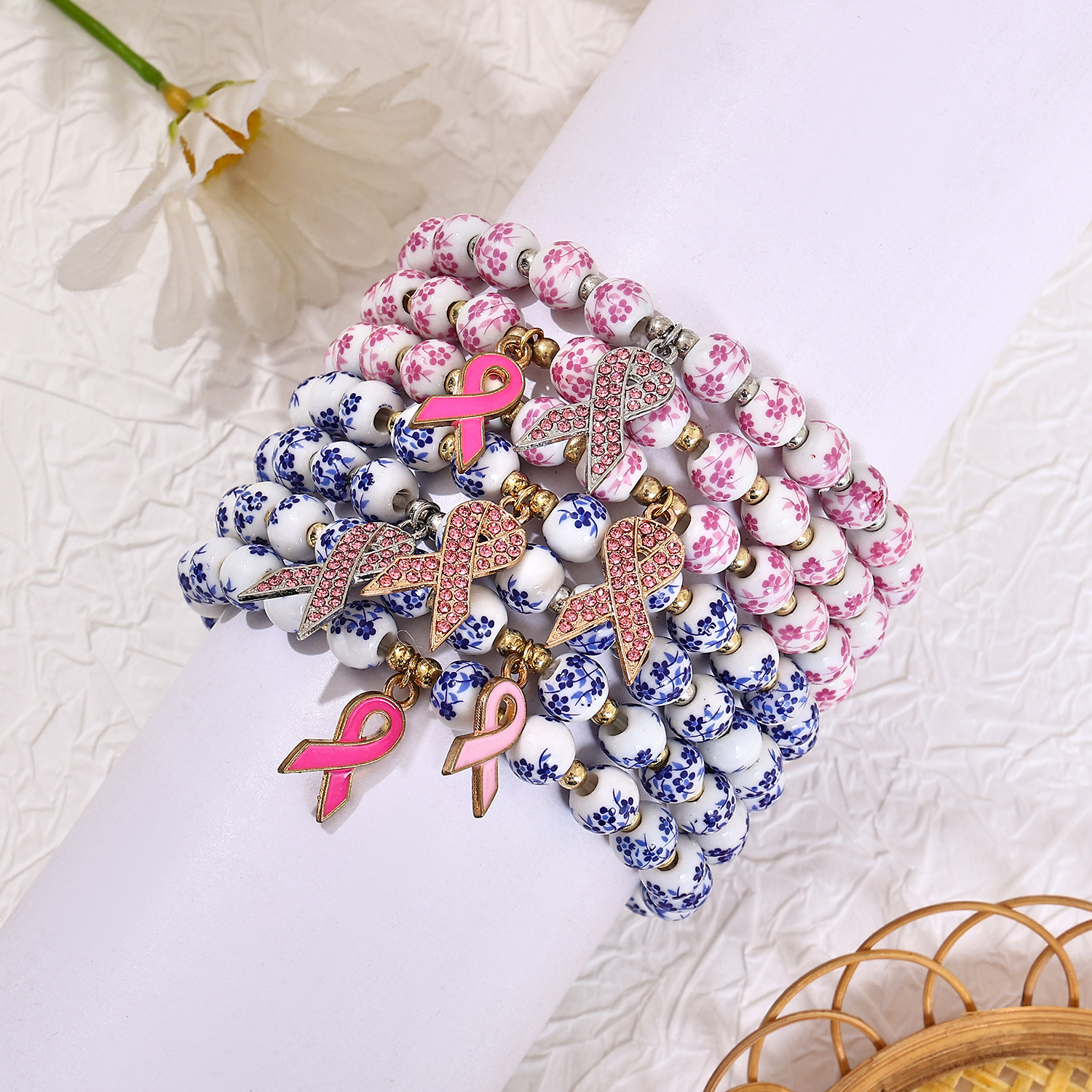 Cross-Border New Blue and White Porcelain Bracelet Beaded Red Ribbon Charm Bracelet Ladies Flower Retro Accessories Handmade Jewelry