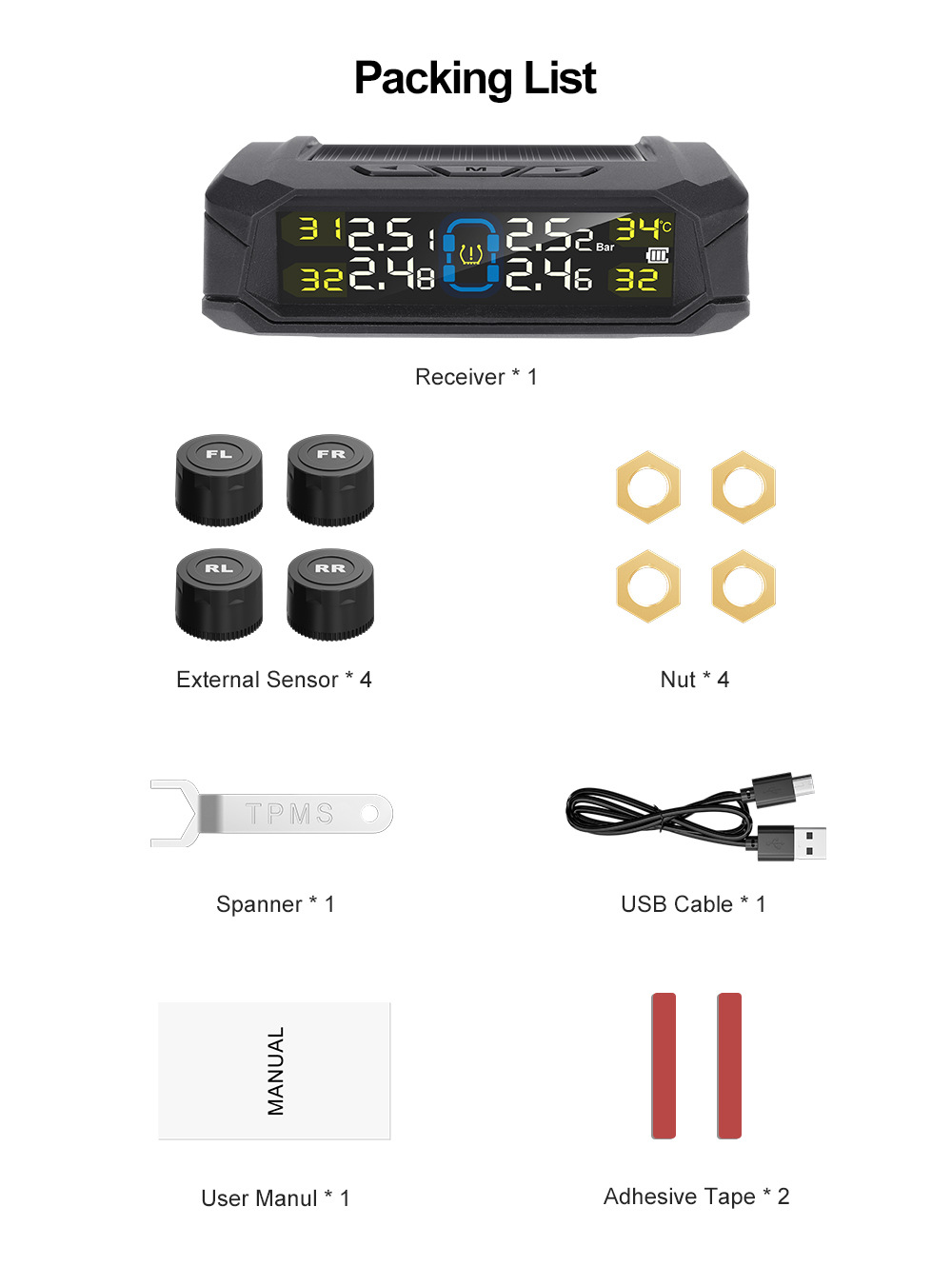 Vehicle-Mounted Tire Pressure Monitor 4-Wheel Color Screen Digital Display Detector Wireless High-Precision Tpms Solar Smart Built-In