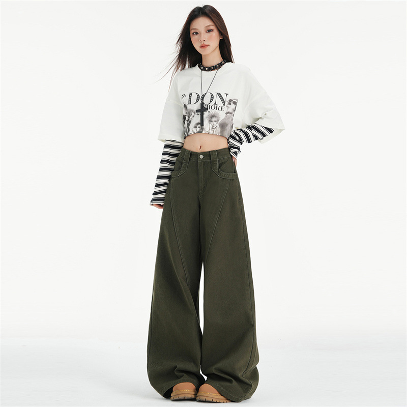 Army Green Wide-Leg Non-Elastic Light Workwear Jeans for Women 2025 Autum Popular Flap Design Loose Floor-Length Pants