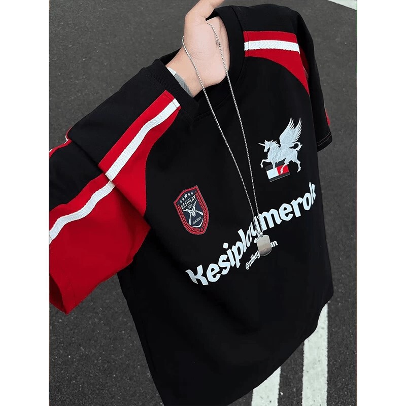 American-Style Casual Jersey-Style Short-Sleeved Men's Summer Casual T-Shirt with Contrasting Color Stitching, Trendy and Handsome, Loose Raglan Sleeves