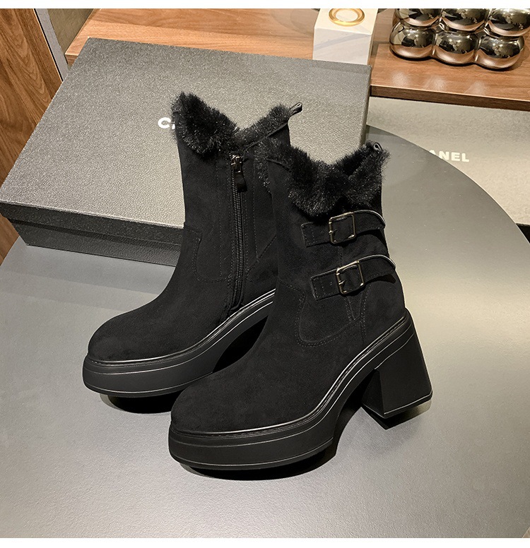 Boot nữ cổ cao lót lông cừu ấm áp, đế bệt gót nhọn, khóa thắt lưng — màu đen chi tiết 18