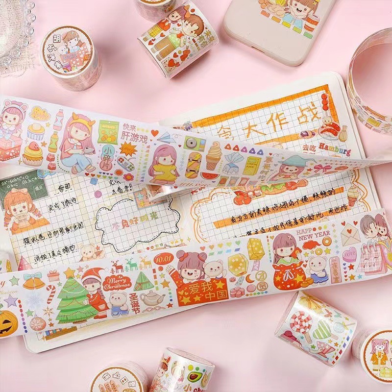 En línea celebridad libro gourmet diario cinta linda de dibujos animados para niños diario pegatinas rollo completo y cinta de papel pegatinas al por mayor