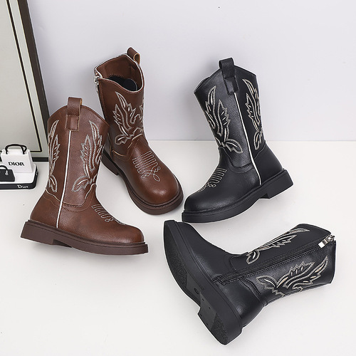 Children's Martin Boots 2025 Autumn New Embroidered Retro Boots for Girls Soft Sole Chelsea Mid-Center Boots