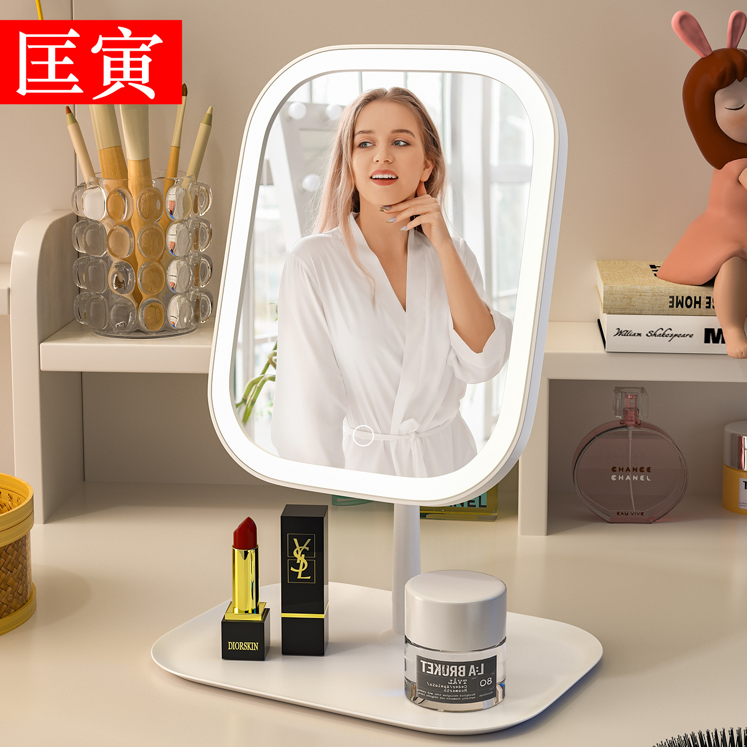 Led Makeup Mirror Student Dormitory with Lamp Desktop Small Mirror Women's Portable Dressing Mirror Storage