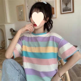 2026低价跑量别致春夏马卡新款韩版彩虹休闲宽松短袖恤女上衣衣服